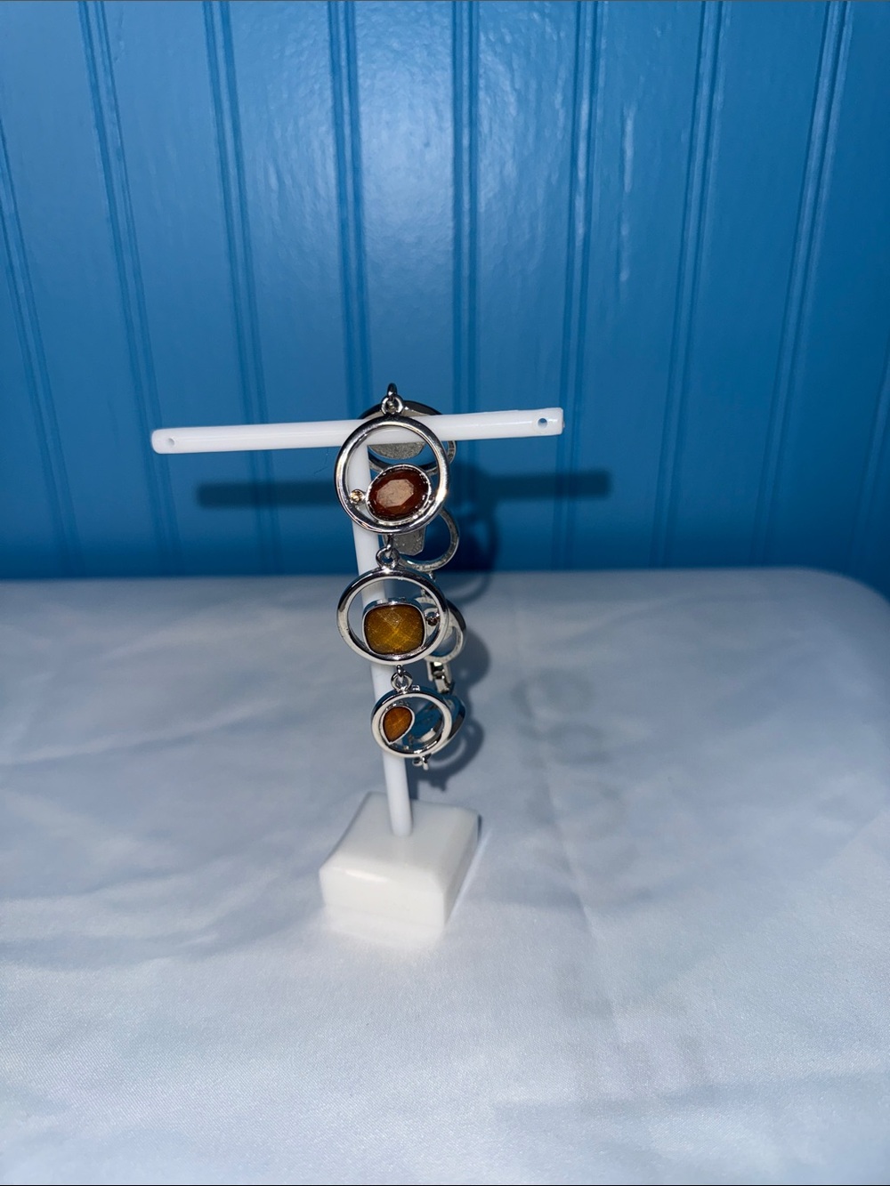 Silver Circle Link Cuff and Amber Accent Bracelet Set - Picture 5 of 6